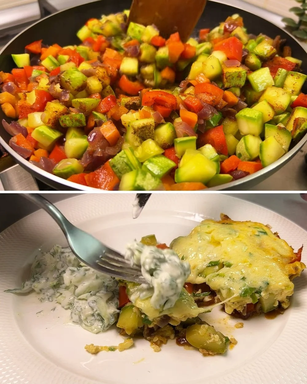 Een bord met courgette met eieren, een smakelijk en eenvoudig vegetarisch gerecht.