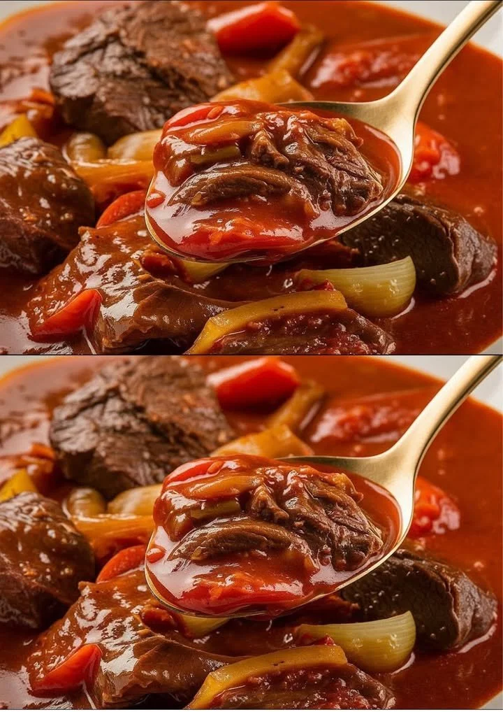 Heerlijk bord beef paprikash met rundvlees, wortelen en rode paprika.
