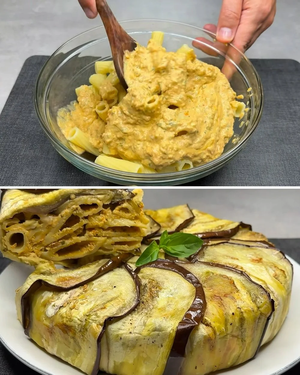 Italiaanse auberginepasta gerecht met een kleurrijke presentatie