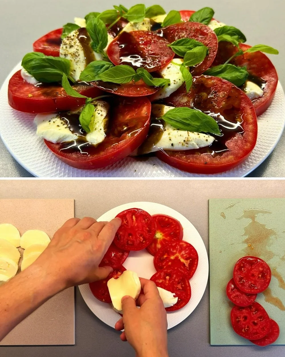 Een frisse Caprese salade met tomaat, mozzarella en basilicum