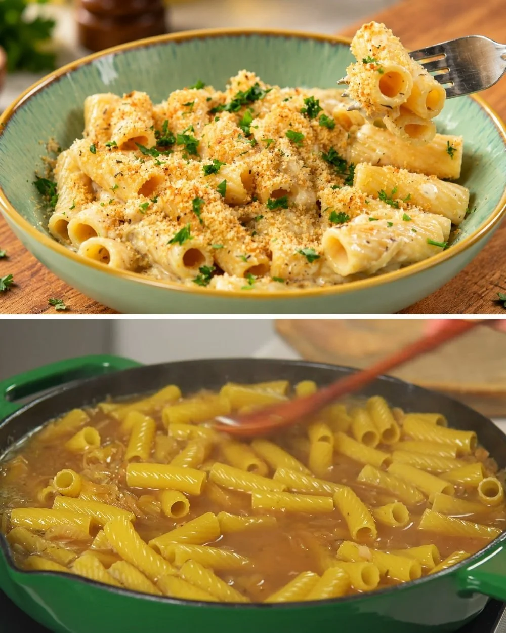 Heerlijke gekarameliseerde ui pasta op een bord, perfect voor een veganistisch diner.