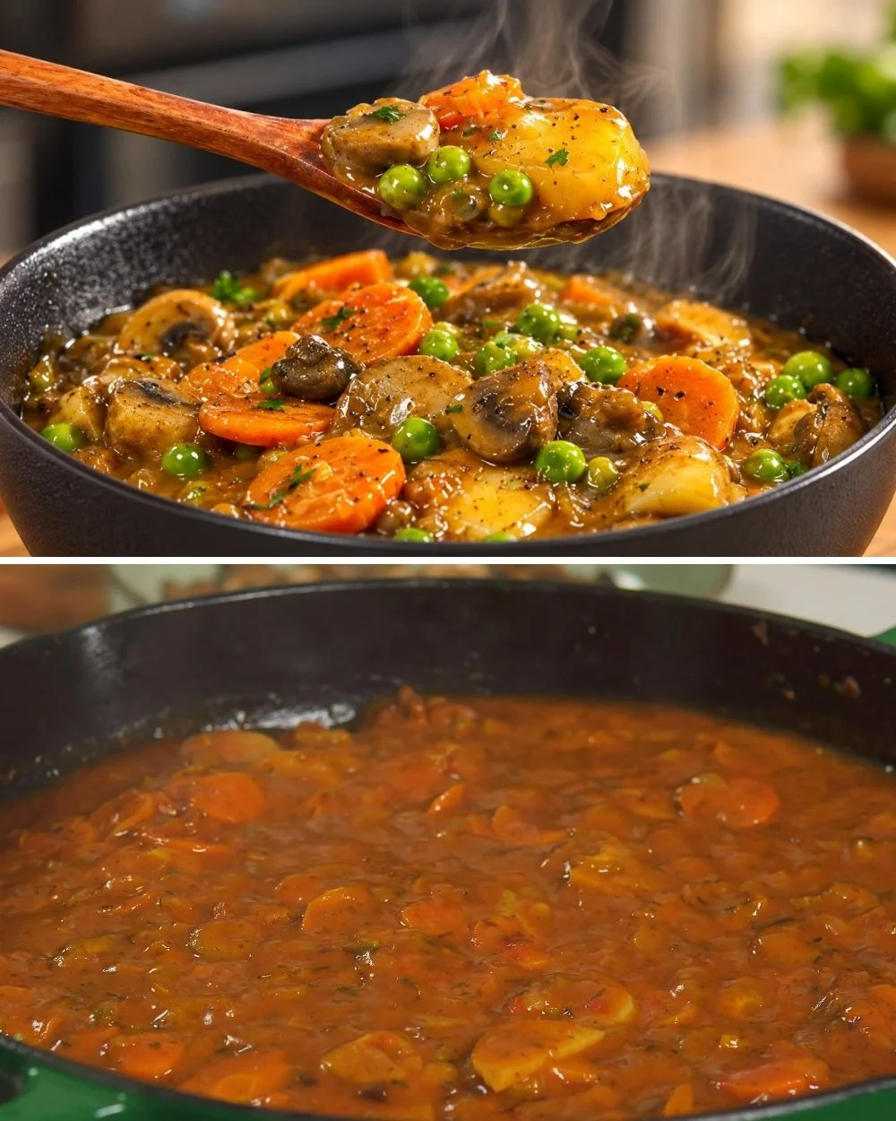 Rijke paddestoelen en aardappel stoofpot, veganistisch diner recept