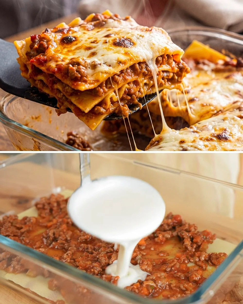 Heerlijke vlees- en kaaslasagne op een bord, perfect voor een diner.
