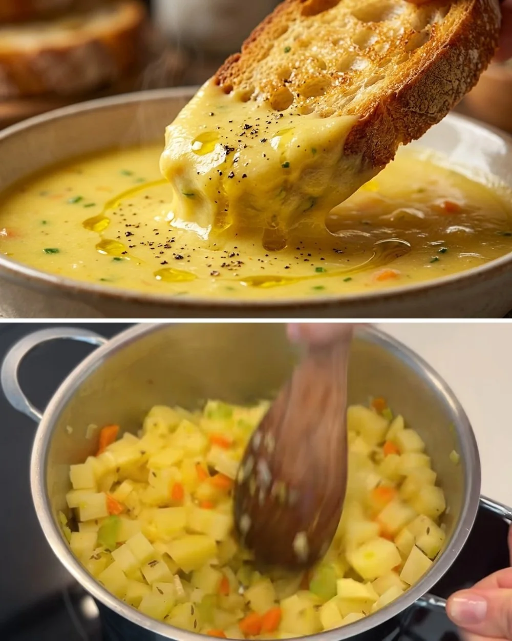 Bord met Italiaanse aardappelsoep, heerlijk en snel recept