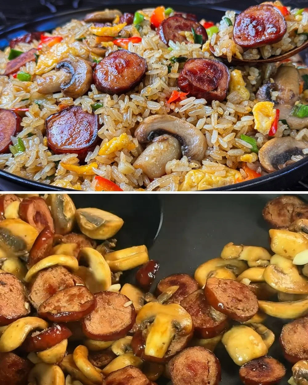 Een bord gebakken rijst met worst, heerlijk en eenvoudig te maken voor diner.