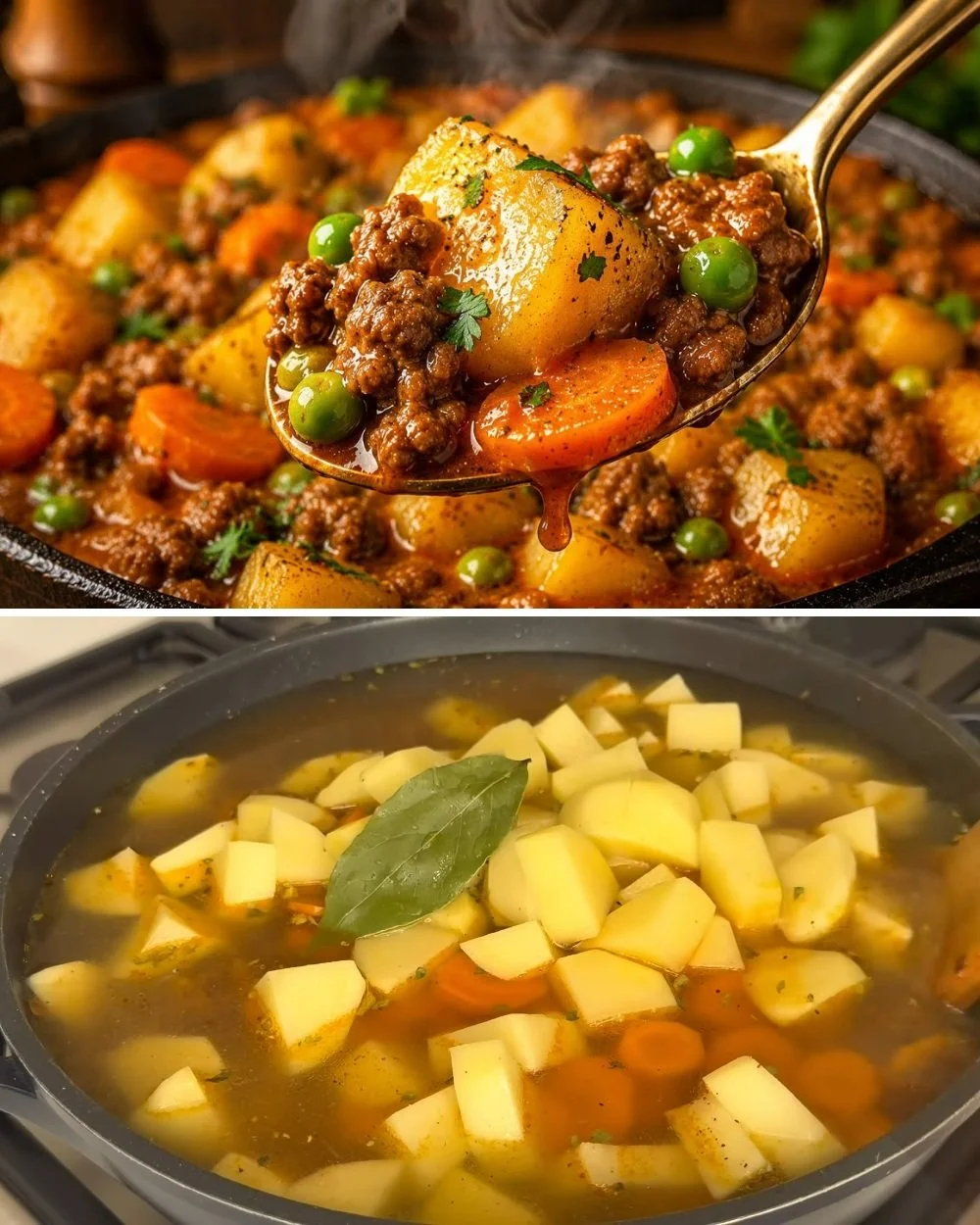Eénpansgerecht met gehakt en aardappelen, ideaal voor een snelle maaltijd.