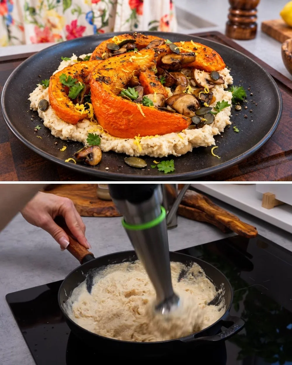 Geroosterde Hokkaido-pompoen met witte bonenpuree en champignons op een bord