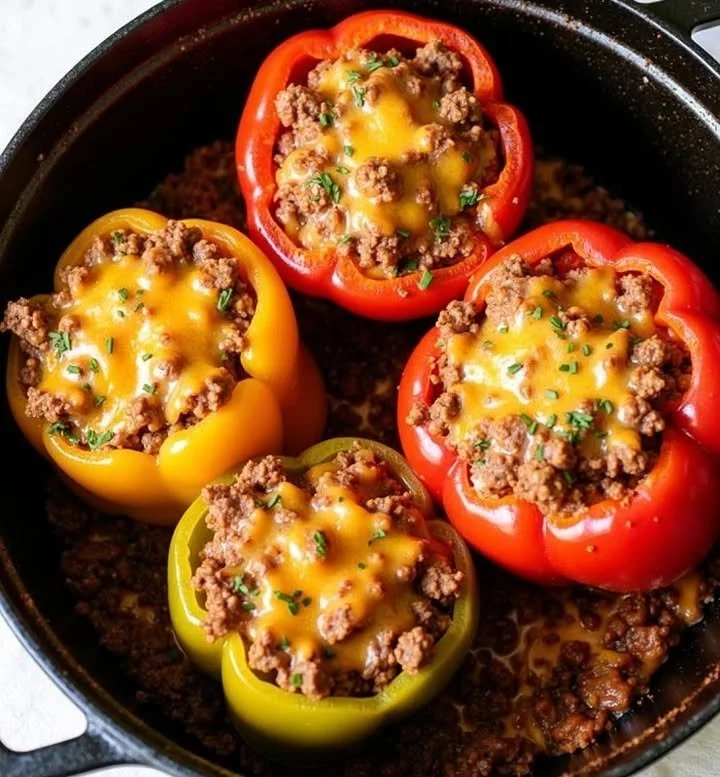 Gevulde paprika's met gehakt, een eenvoudig en populair recept voor kinderen.