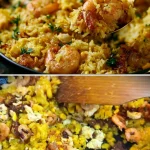 Gouden knoflookboters garnalen met gebakken rijst, een smakelijk gerecht.