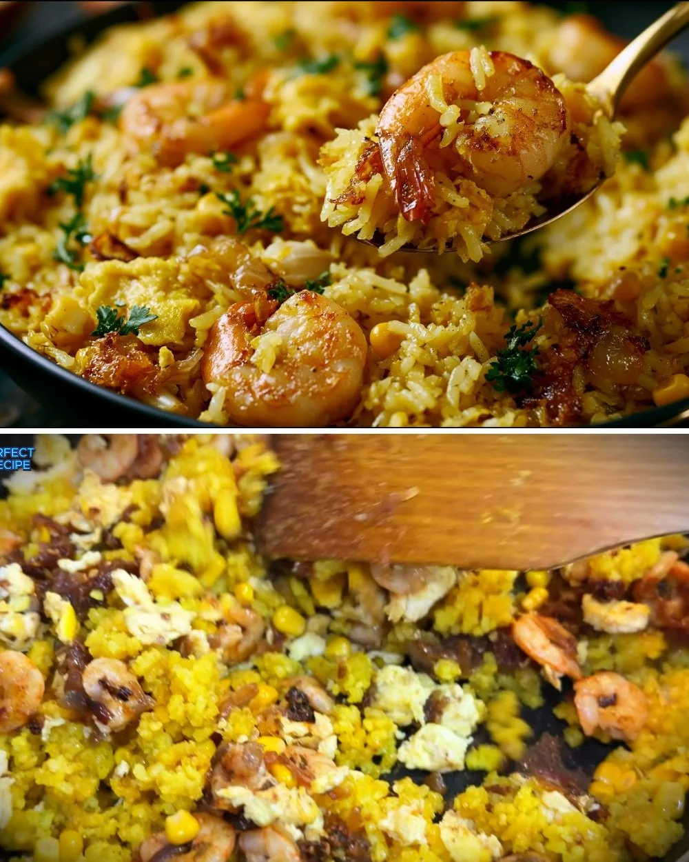 Gouden knoflookboters garnalen met gebakken rijst, een smakelijk gerecht.
