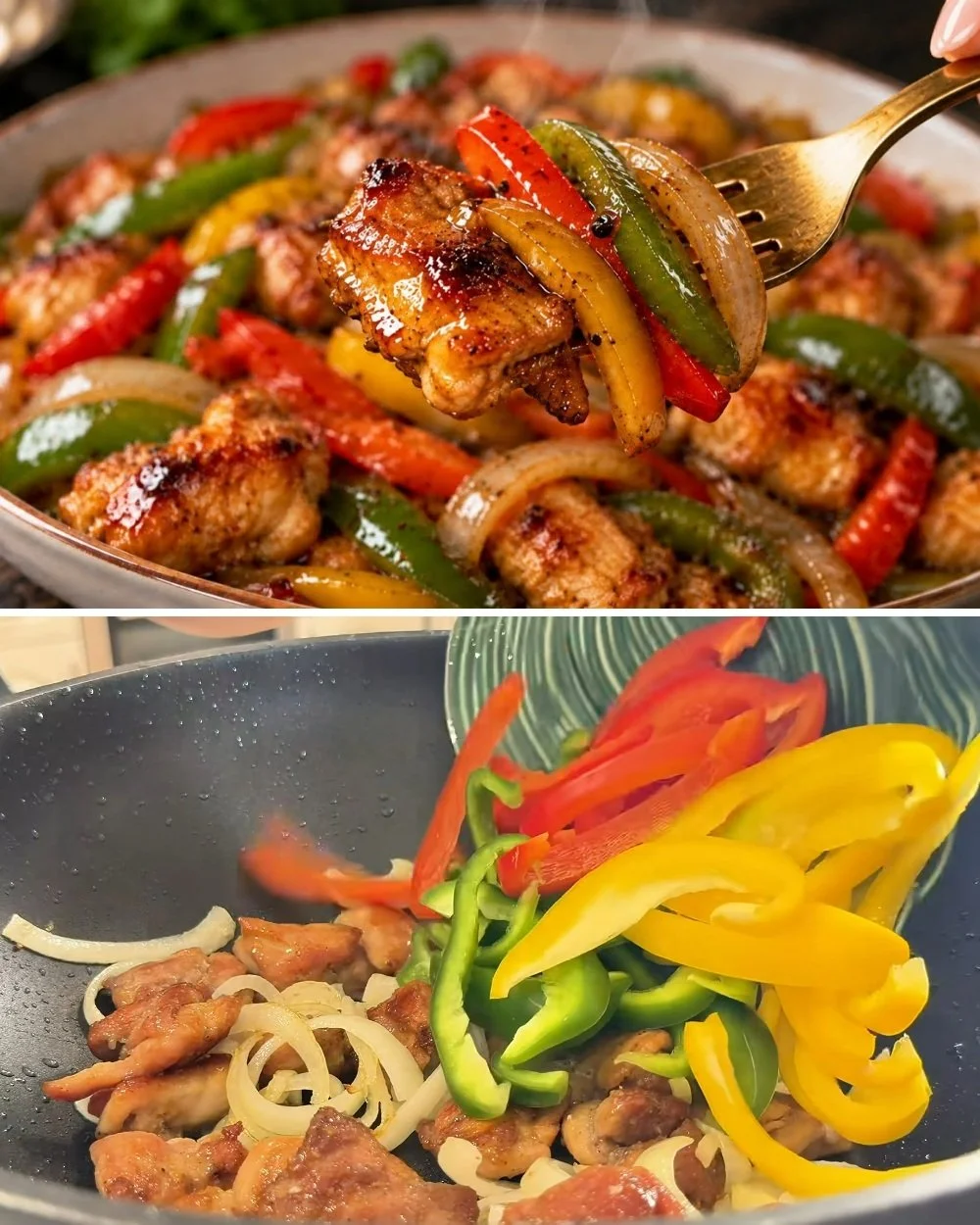 Kip en paprika roerbakgerecht in een pan