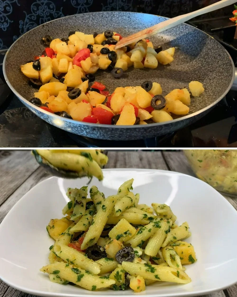 Aardappel pastasalade met verse ingrediënten voor een zomers diner