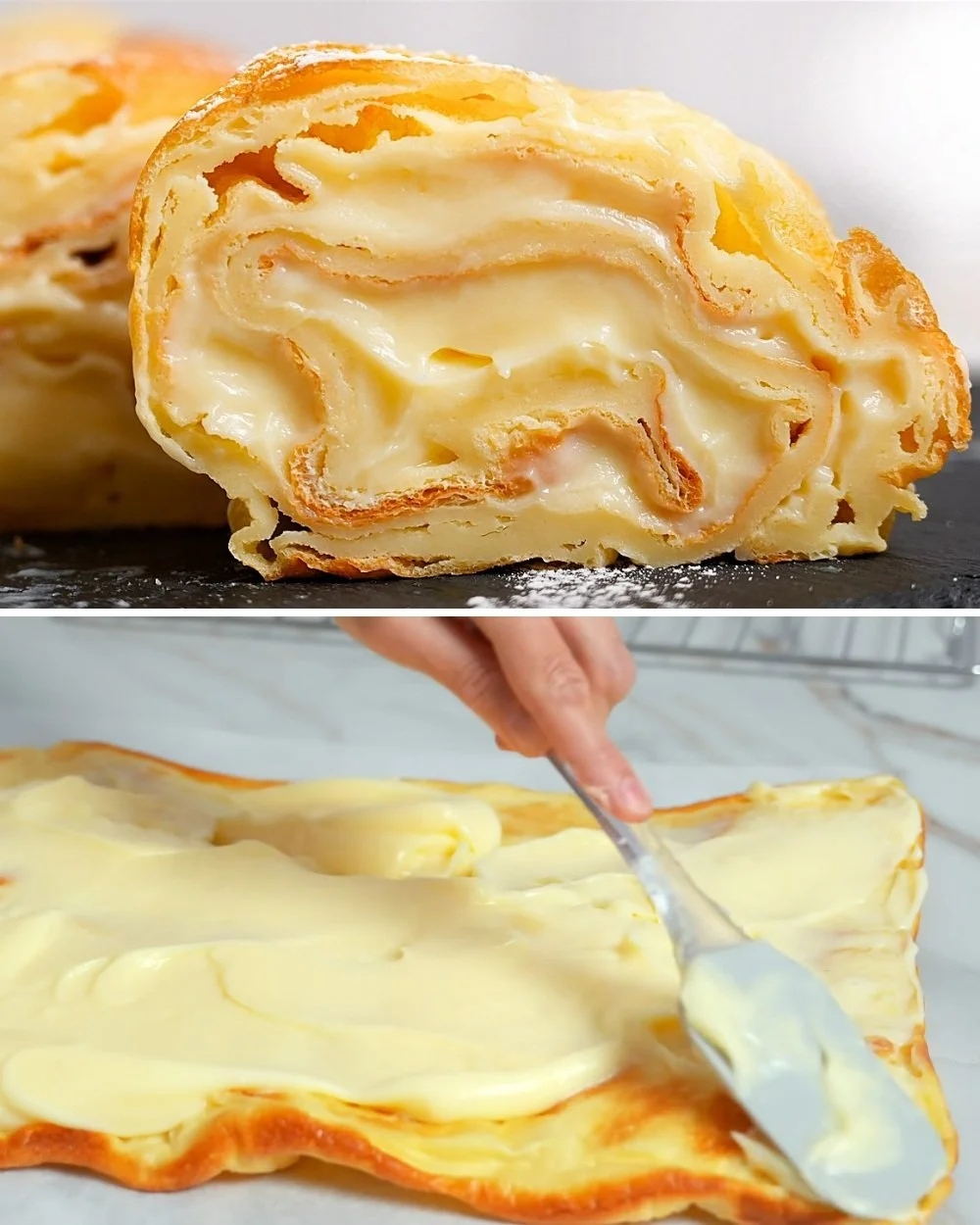Eenvoudig custardrolletje gebakken in een bakvorm met romige vulling.