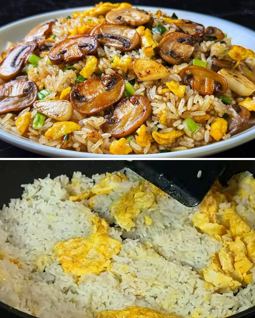 Eenvoudige gebakken rijst met champignons geserveerd op een bord