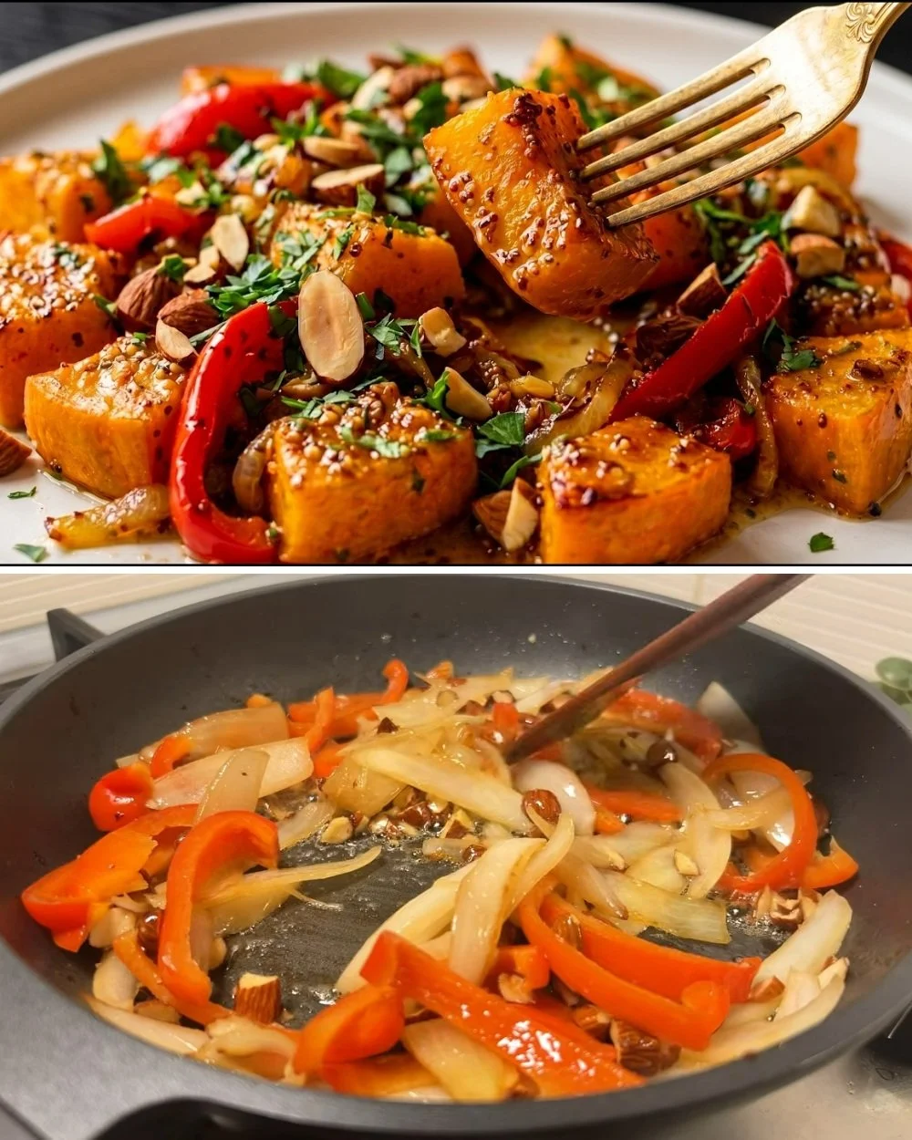 Heerlijk pompoen eenpansdiner, beter dan vlees, vol smaak en gezonde ingrediënten.