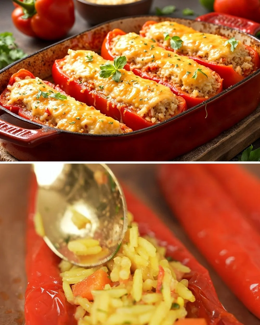 Paprika's gevuld met champignons en rijst, een verrassend gerecht voor gasten.