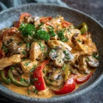 Kip Stroganoff met paprika op een bord, romig en smaakvol diner recept