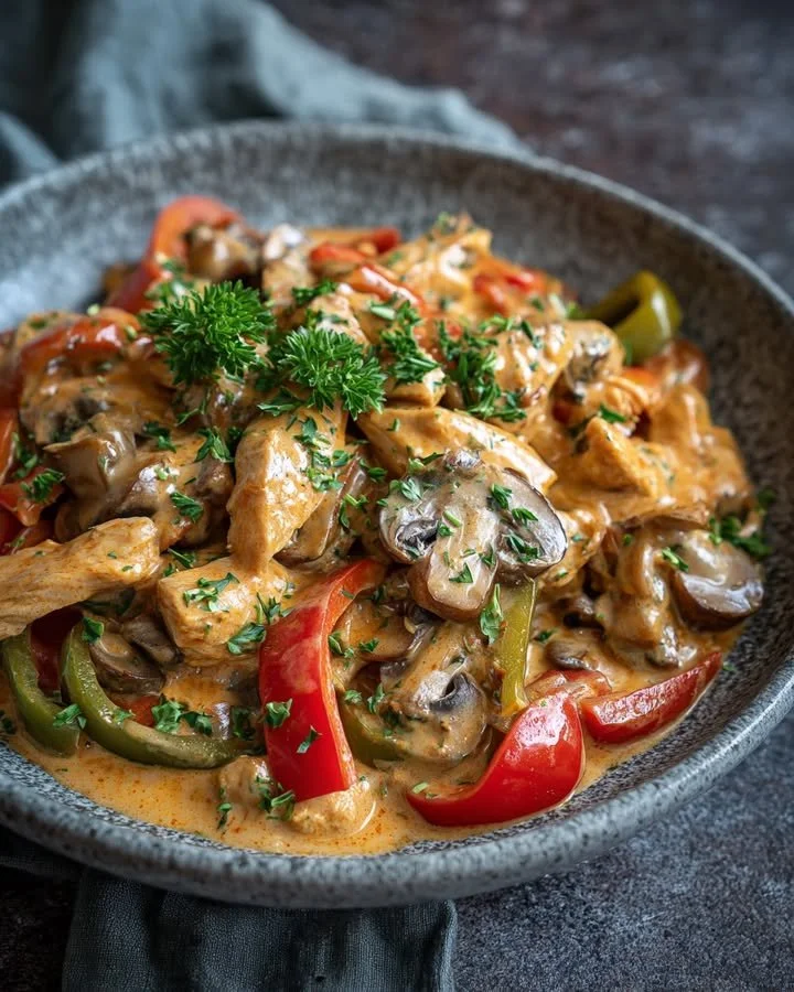 Kip Stroganoff met paprika op een bord, romig en smaakvol diner recept