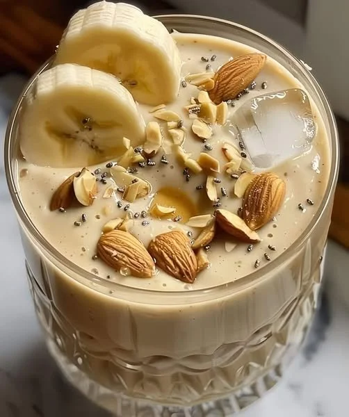 Mandel-Bananen-Avocado-Smoothie mit Honig in einem Glas