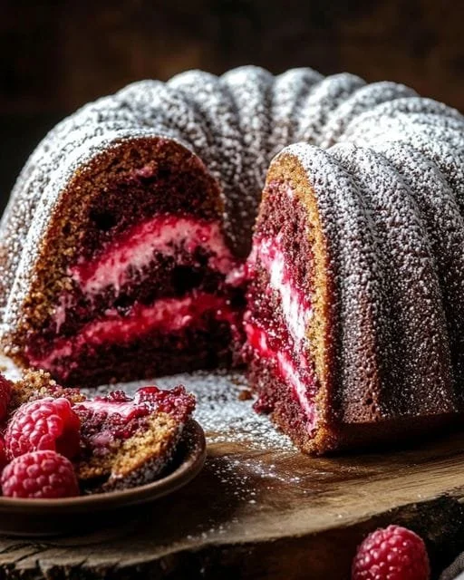 Marmor-Himbeer Gugelhupf mit Schokoglasur und frischen Himbeeren