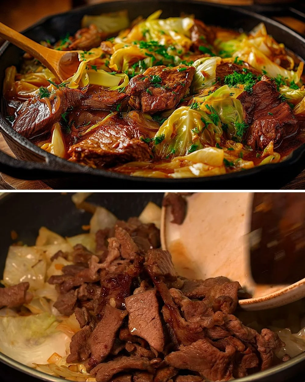 Beef cabbage stir fry met mals rundvlees en verse groenten in een pan.