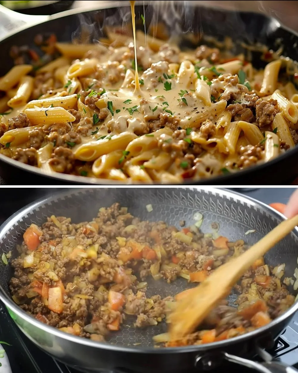 Heerlijk bord pasta met gehakt en groenten, ideaal voor een snel avondeten.