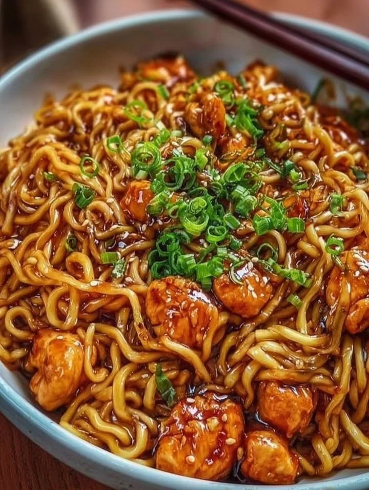 Plakkerige knoflookkip noedels in een kom, klaar om te genieten in een snel recept.