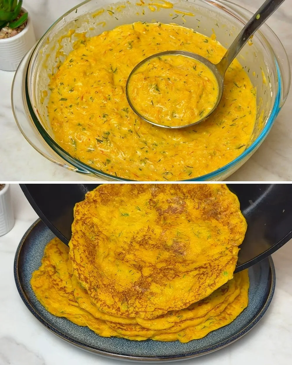 Geraapte pompoen met eieren en een smakelijke saus.