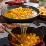 Romige aardappel stoofpot met witte bonen en knoflookbrood op een bord