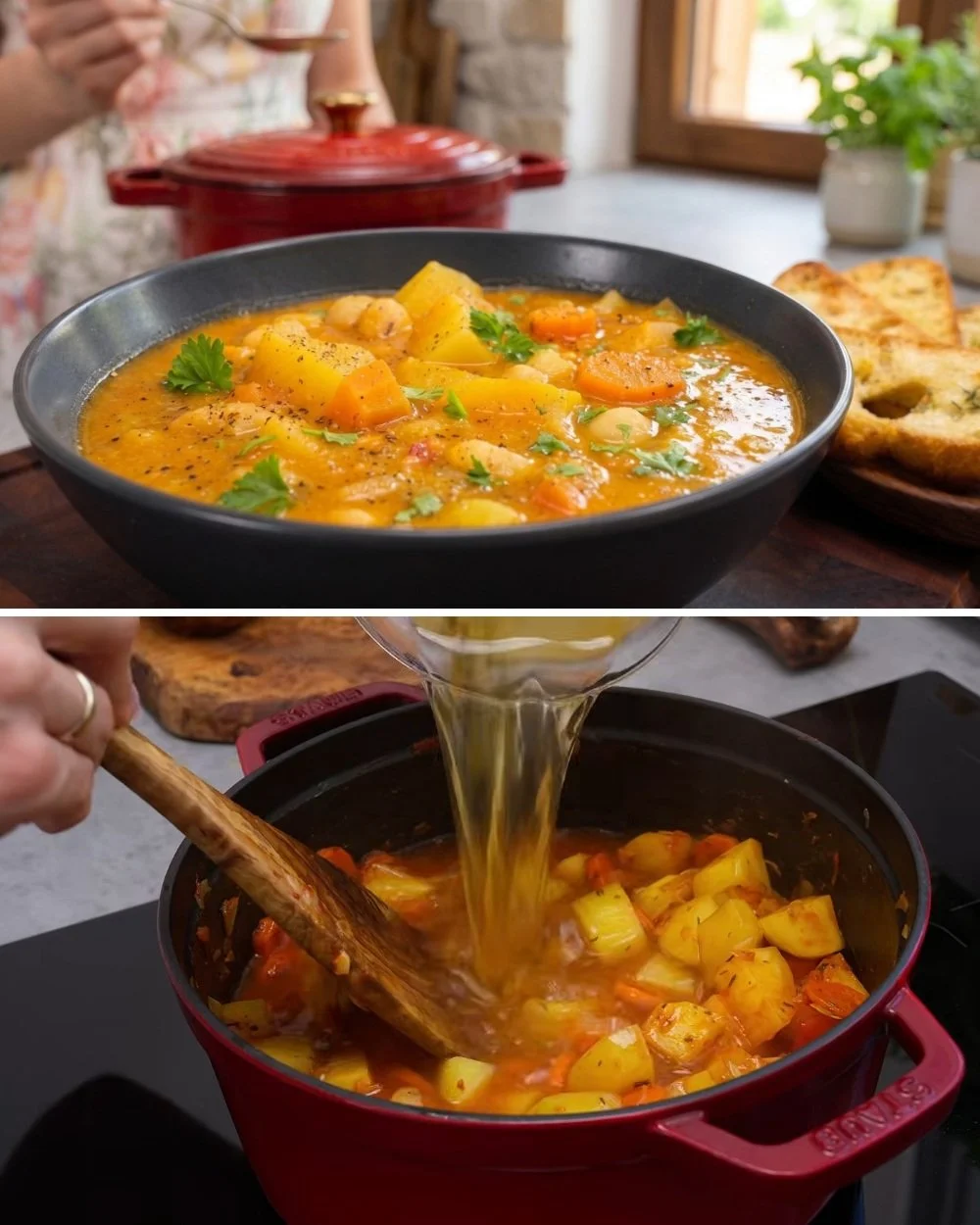 Romige aardappel stoofpot met witte bonen en knoflookbrood op een bord