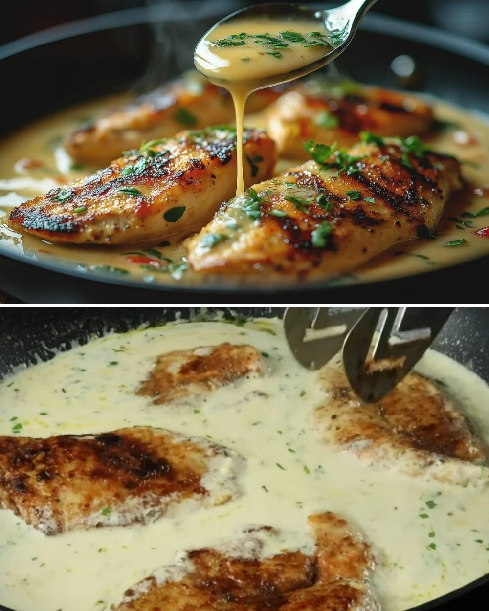 Sappige kip in romige knoflook Parmezaanse saus op een bord