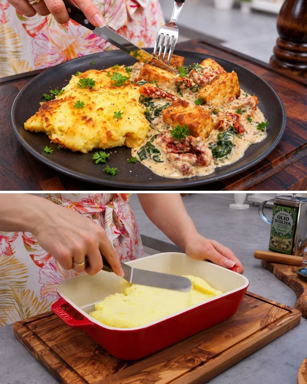 Tofu met romige spinaziesaus en krokante gebakken aardappelpuree.