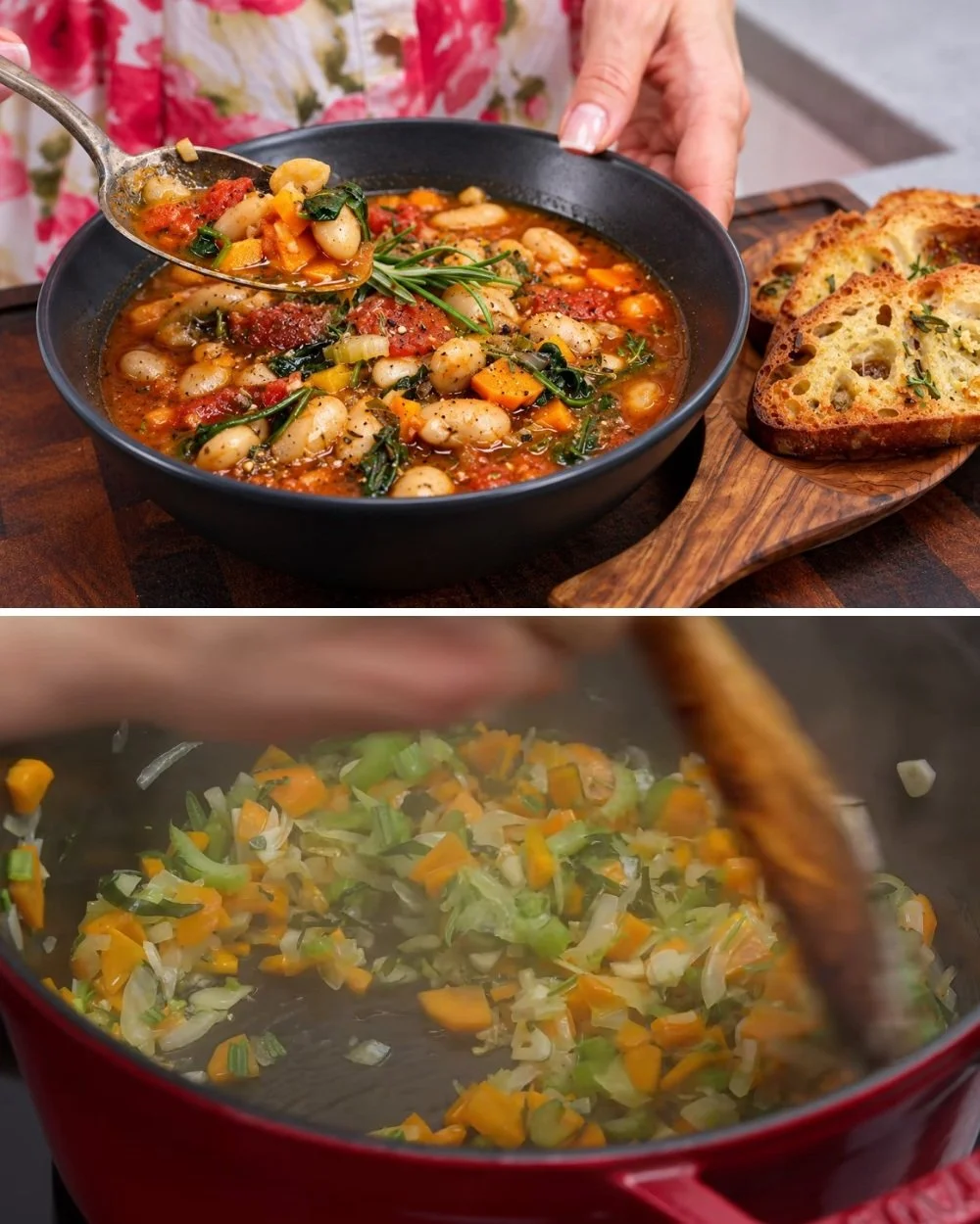 Toscaanse Witte Bonenstoofpot met knoflookbrood, een makkelijk veganistisch recept.