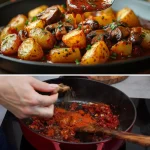 Veganistische champignon goulash met knapperige aardappelen, ideaal voor een gezonde maaltijd