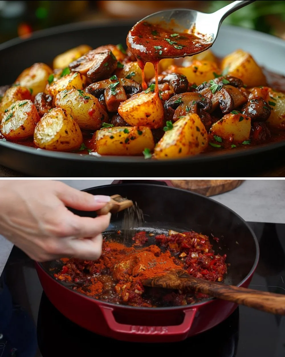 Veganistische champignon goulash met knapperige aardappelen, ideaal voor een gezonde maaltijd