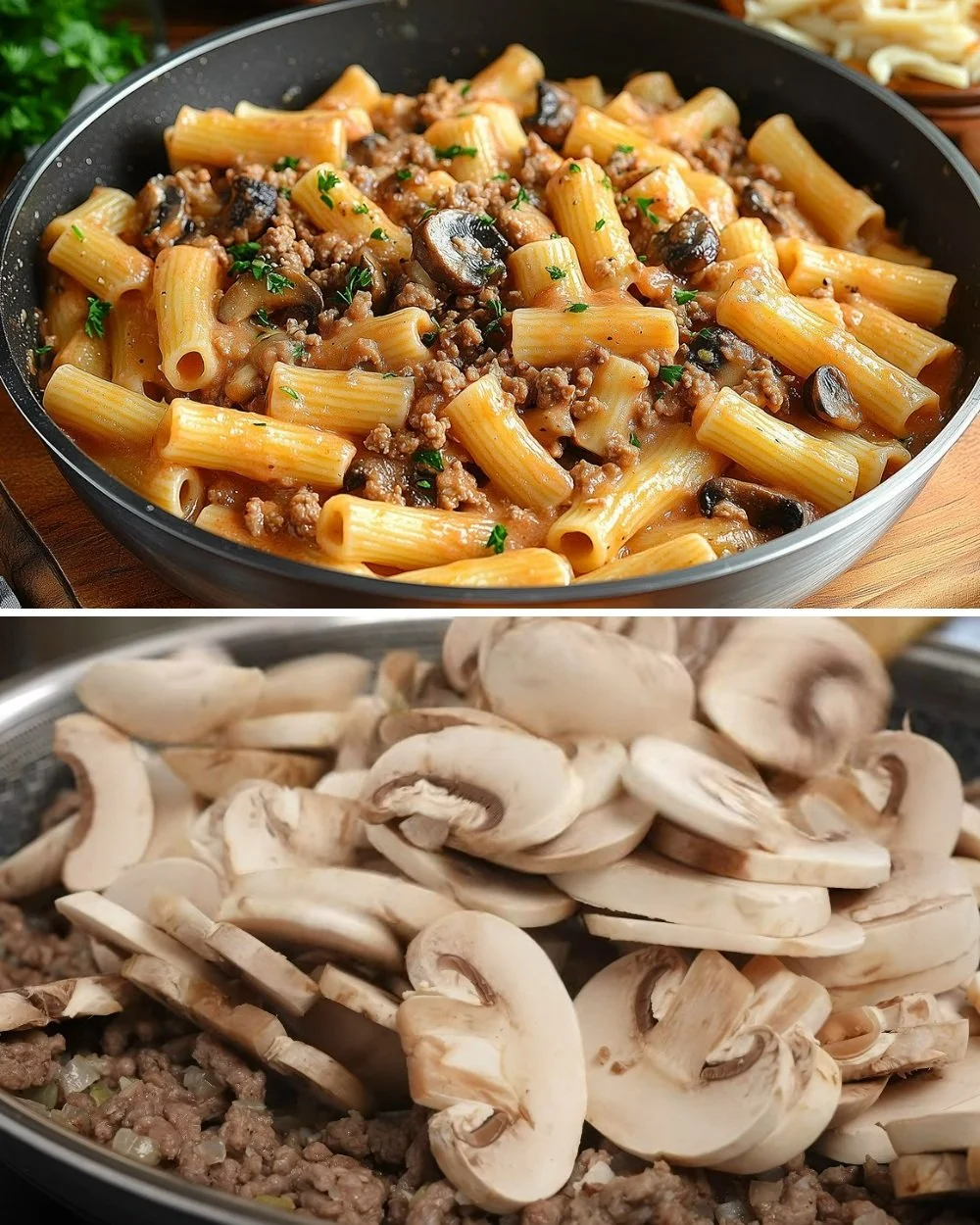Romige pasta met rigatoni, rundvlees en champignons, geserveerd in een kom.
