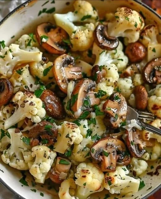 Heerlijke bloemkool roerbak met champignons en olijfolie