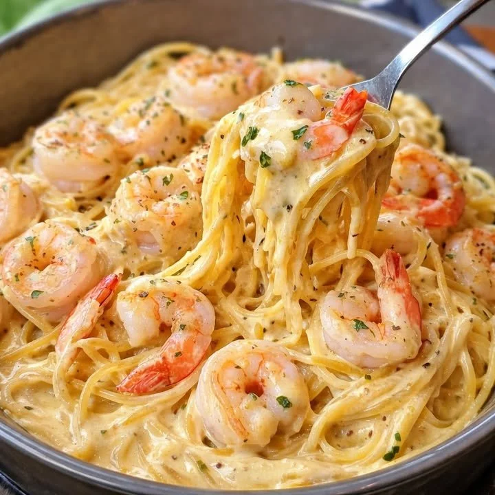 Een bord garnalenspaghetti geserveerd voor een gezellige maaltijd met vrienden.