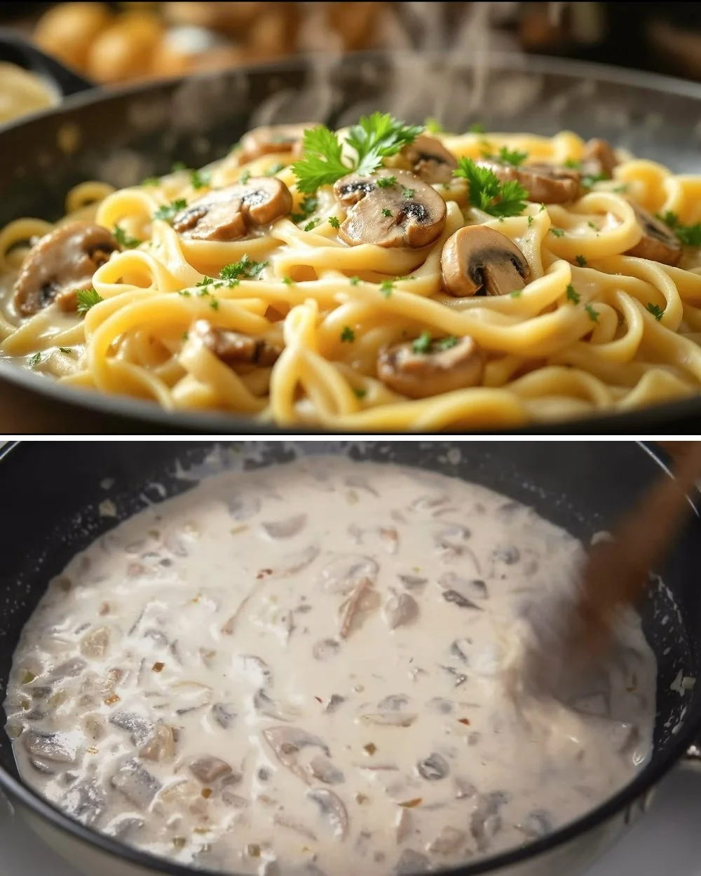 Pasta met champignons in een romige saus, heerlijk diner recept.