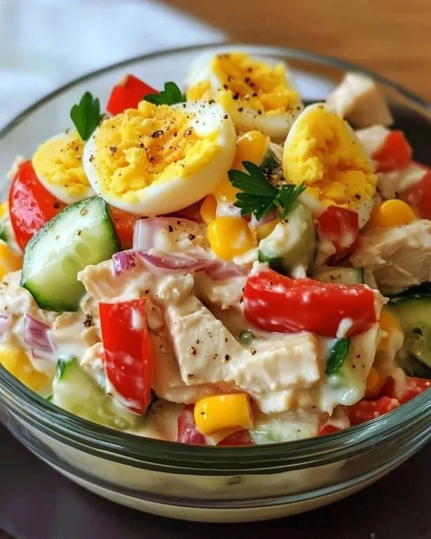 Zomerse tonijn-eiersalade met eieren en tonijn in een kom